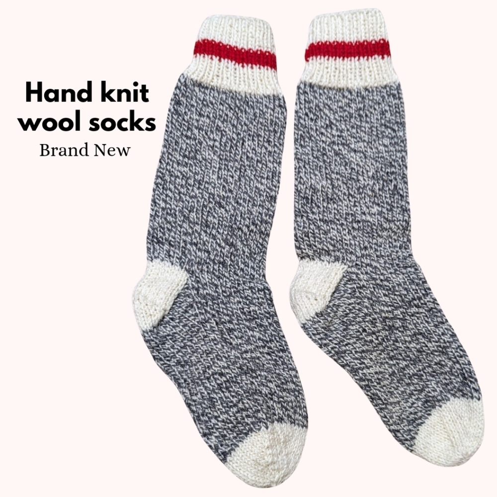 Hand knit wool socks, brand new, heathered grey with red & white pattern